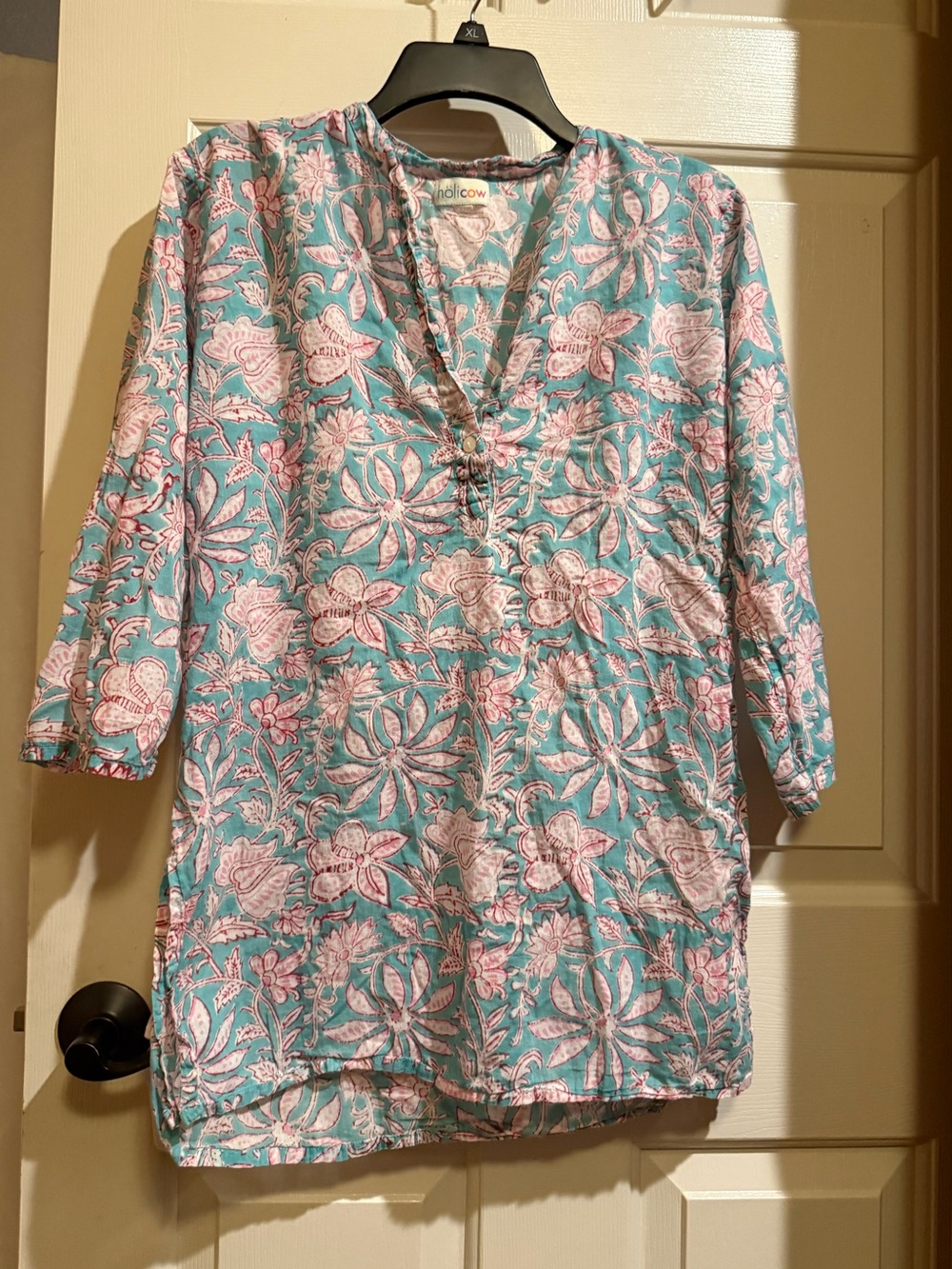 Holicow Cotton Floral V-Neck Swim Cover-Up in Aqua & Pink